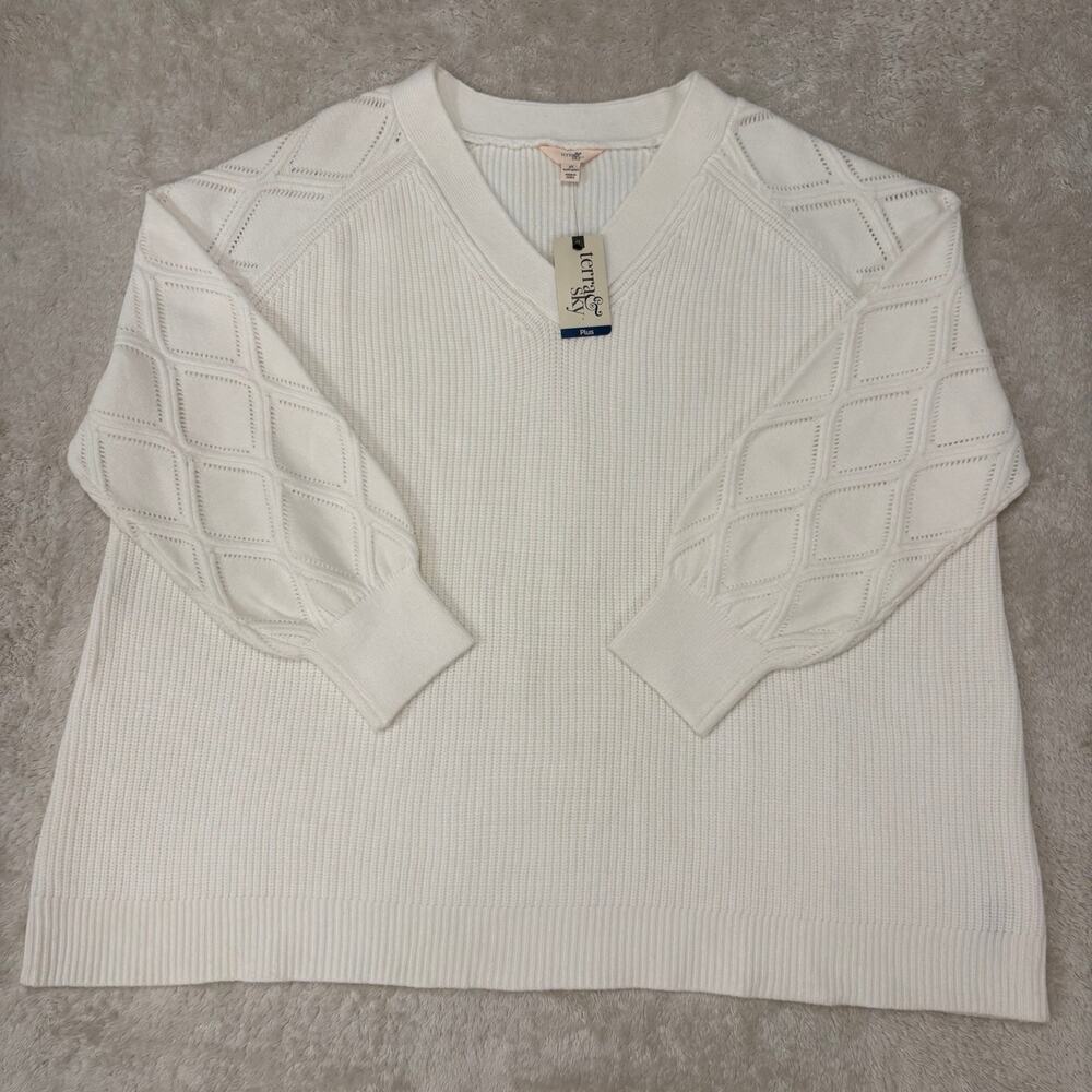 Terra & Sky Womens 3X Winter White Pointelle Sleeve V Neck Sweater NWT Plus